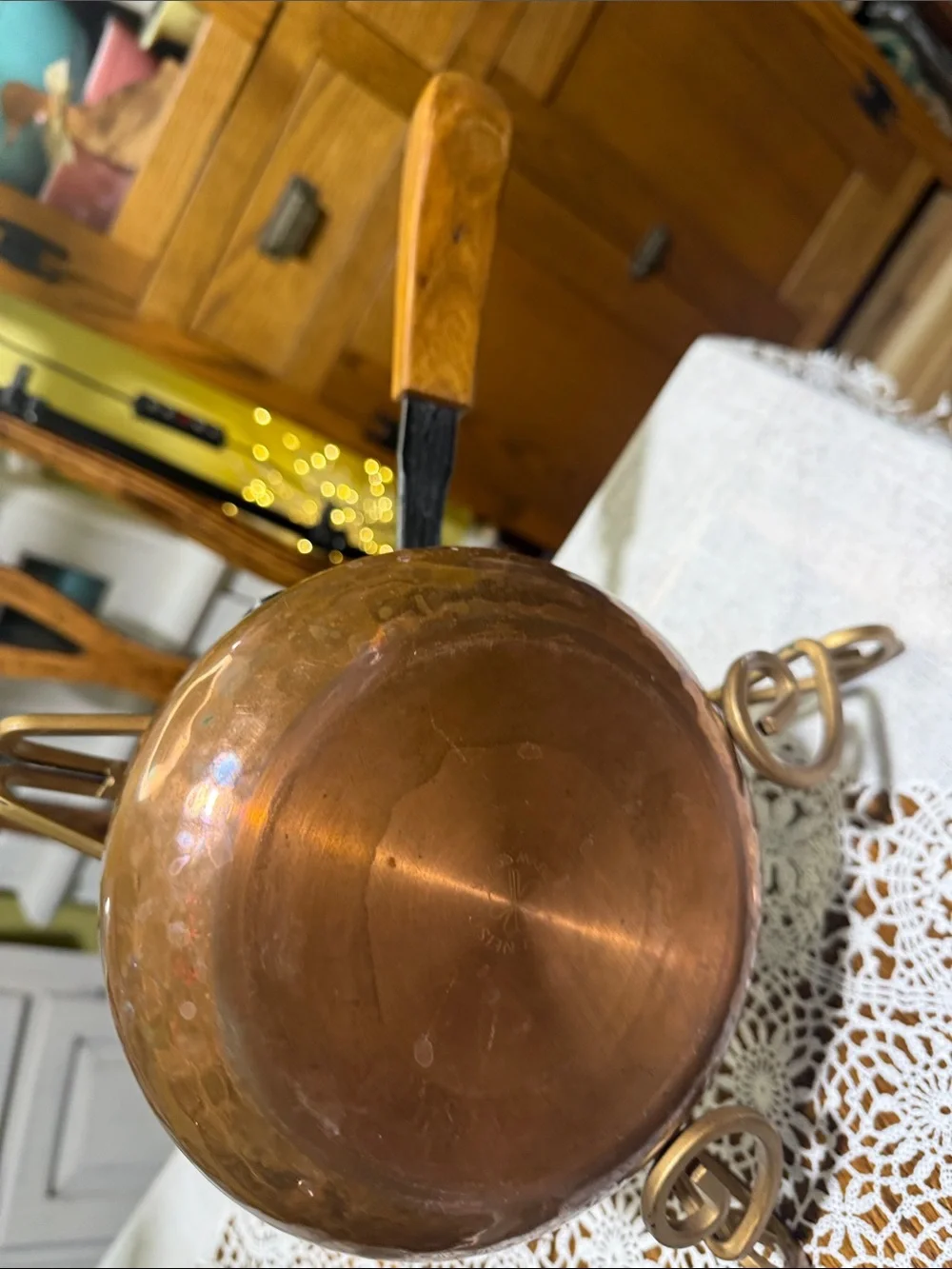 Vtg Hammered Copper Saucepan with Wooden Handle